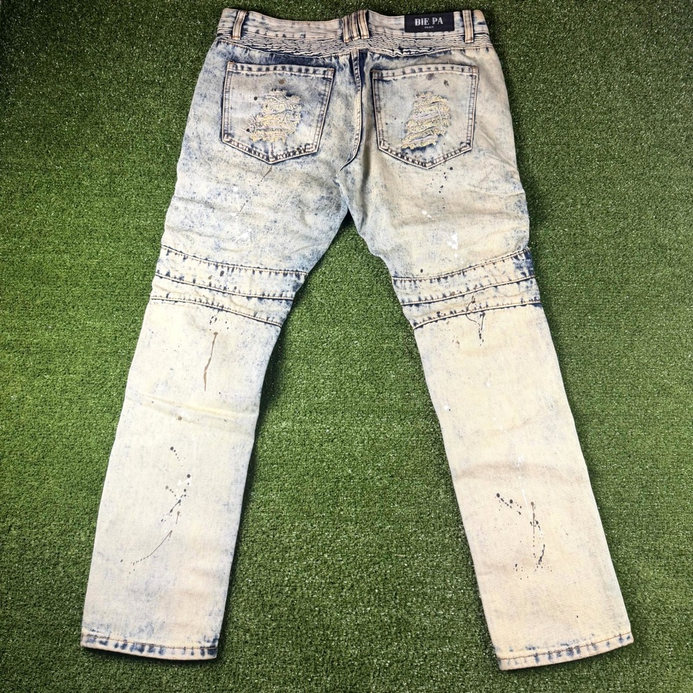 Bie Pa Paris Mens Acid Wash Biker Jeans Distressed Paint Splatter Moto Denim 34